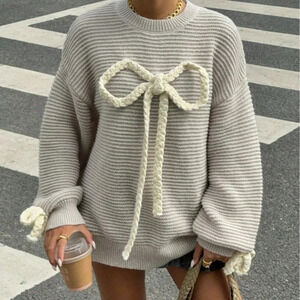 Apricot Casual Women's Oversized Bow Long Sleeve Plush Sweater